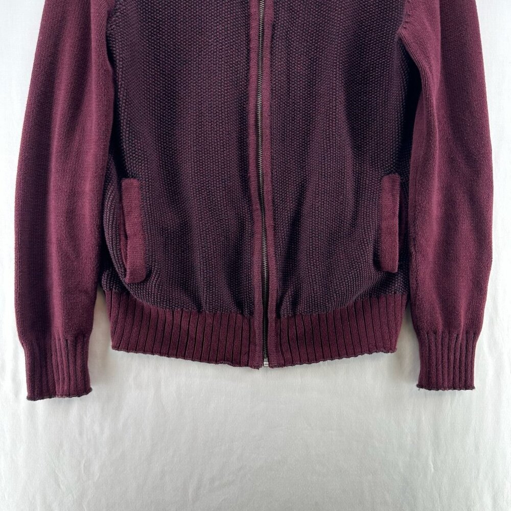 GUESS Cardigan Sweater Mens S Full Zip Mock Neck Cotton Knit Ribbed Trim Maroon - Picture 5 of 12
